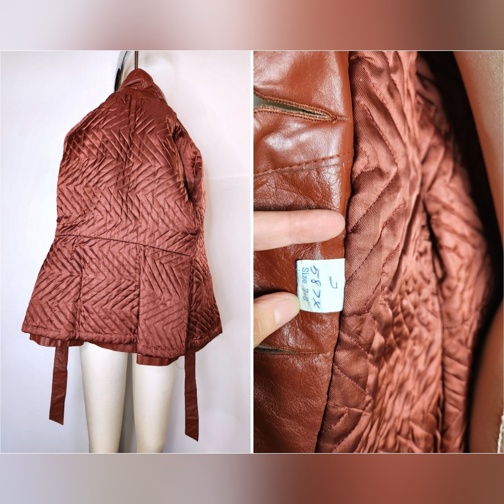 70s Brown Leather Coat Jacket Trench Coat Jacket Belted Quilted Lining XXS XS - Picture 2 of 12